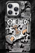 Black-and-white One Piece phone case featuring Luffy over a manga-panel collage