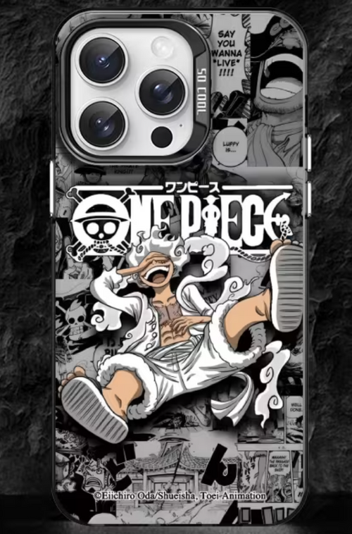 Black-and-white One Piece phone case featuring Luffy over a manga-panel collage