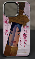 Phone case with illustrated warrior portrait, pink blossoms, and gold accents