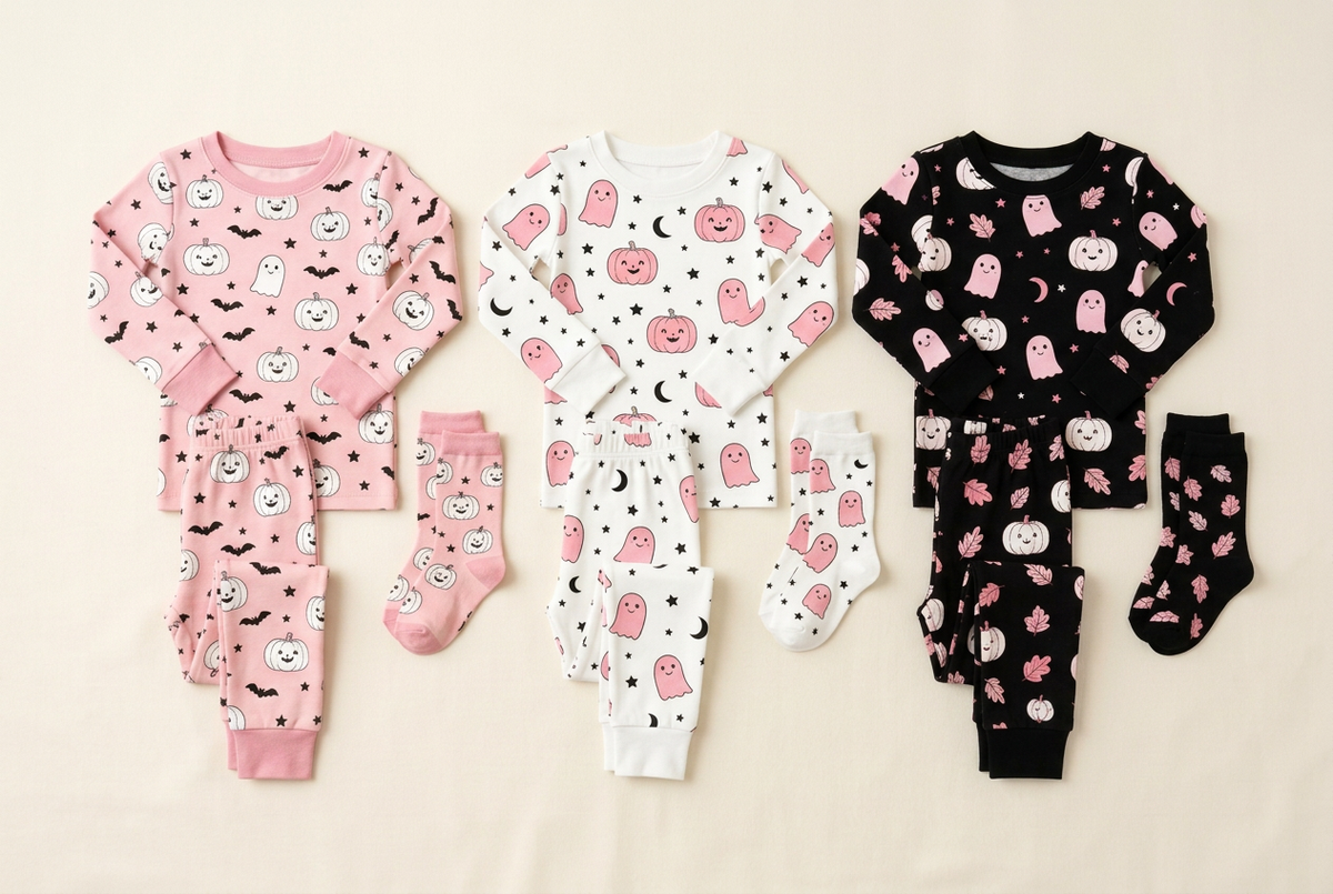 Pink, white, and black spooky pajama concepts with matching socks